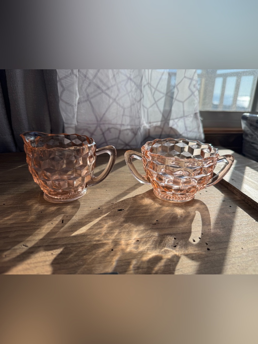 Vintage Jeannette Pink Depression Glass Cube Cubist Creamer & Sugar Set